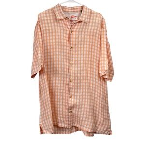 Tommy Bahama Relax Sz XL 100% Linen Short Sleeve Button Down orange check plaid